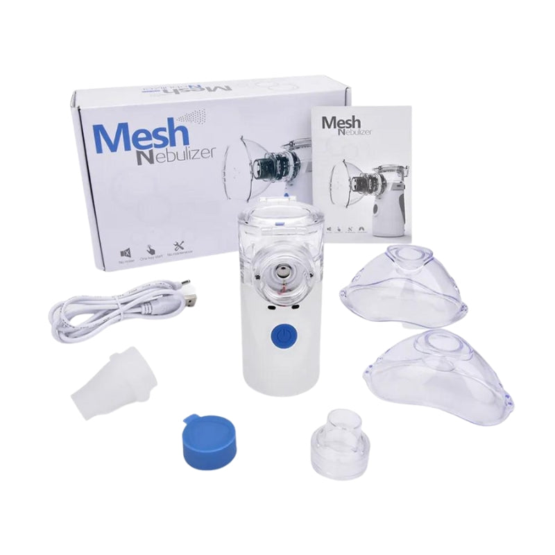 The image shows a portable handheld nebulizer with its accessories, including a power cable, two masks (adult and child), and transparent cup. The device itself is shown both assembled and disassembled, along with the packaging box.