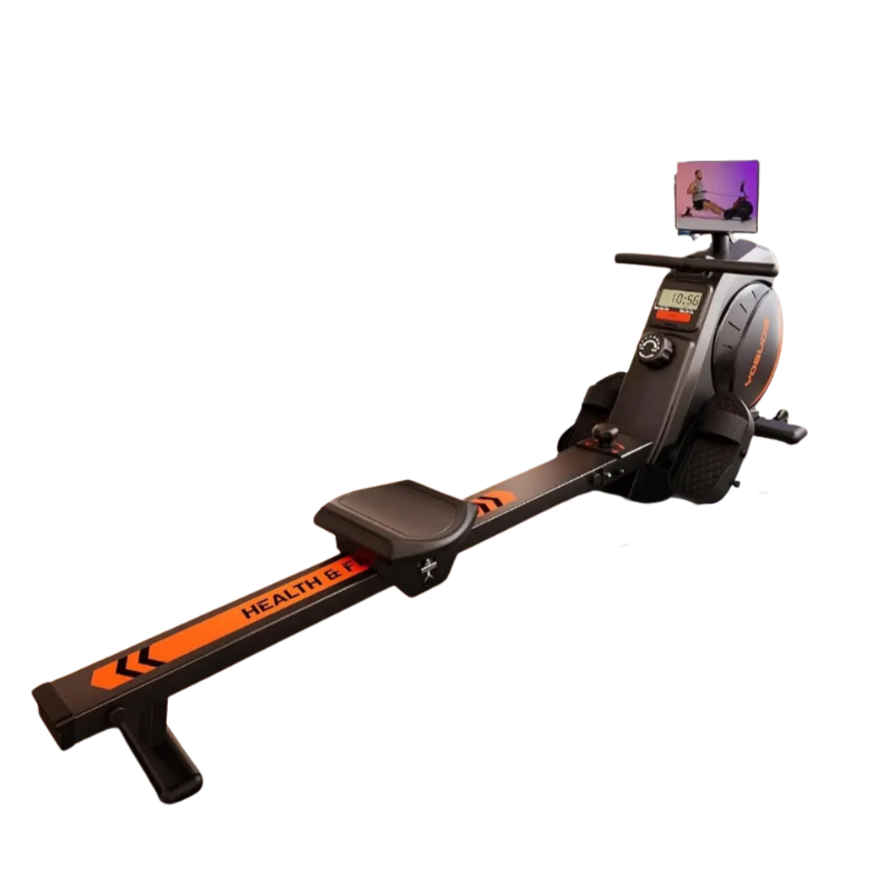 Rowing machine with digital display on a white background