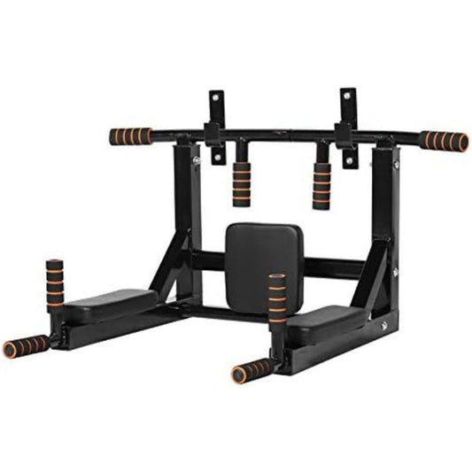 Wall-mounted multifunctional dip station and pull-up bar with black and white color scheme, featuring anti-slip handles and a back cushion.