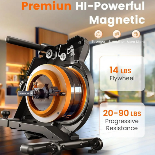 Rower with a 14 lbs flywheel and progressive resistance features, set against a blurred indoor background.