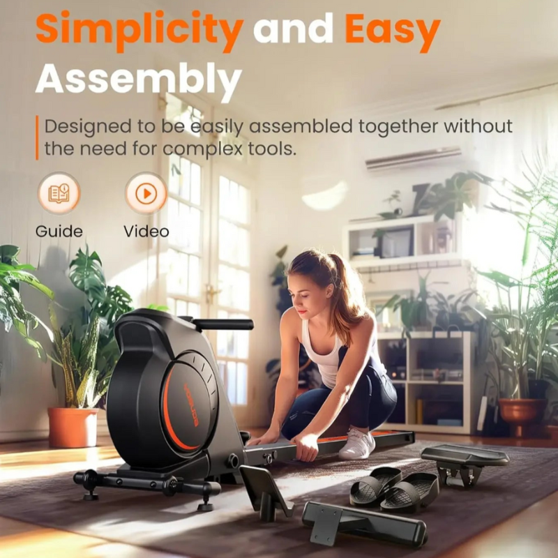 Woman assembling a piece of exercise equipment in a home setting with text about simplicity and easy assembly.
