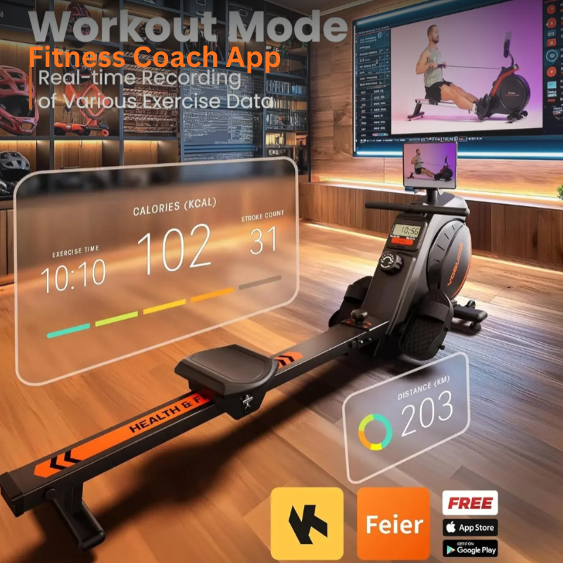 Fitness coach app interface with rowing machine and digital display in a home gym setting.