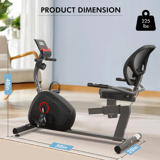 Home exercise bike with dimensions and weight capacity displayed