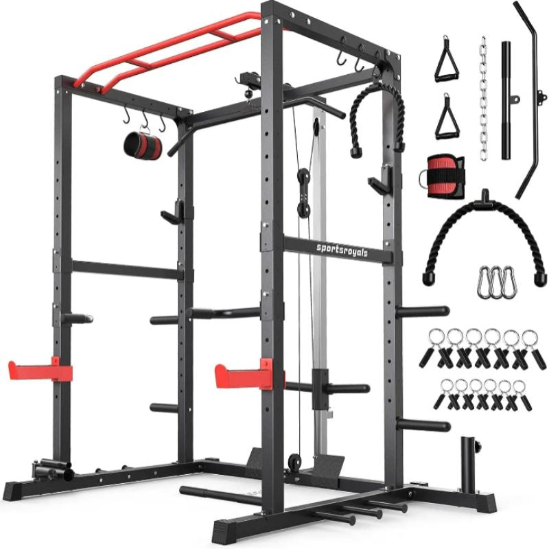 A multi-functional power rack with LAT pulldown system, including various training attachments such as a squat rack, dip bars, and more. The rack is constructed of steel, primarily in gray, with red accents, and comes with an array of accessories for workouts.