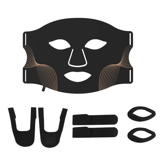 Black face mask with attachments on a white background