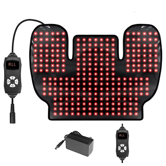 An LED light therapy or heat pad with a black controllable controller, a power adapter, and a car cigarette lighter charger, all displayed on a clean white background.