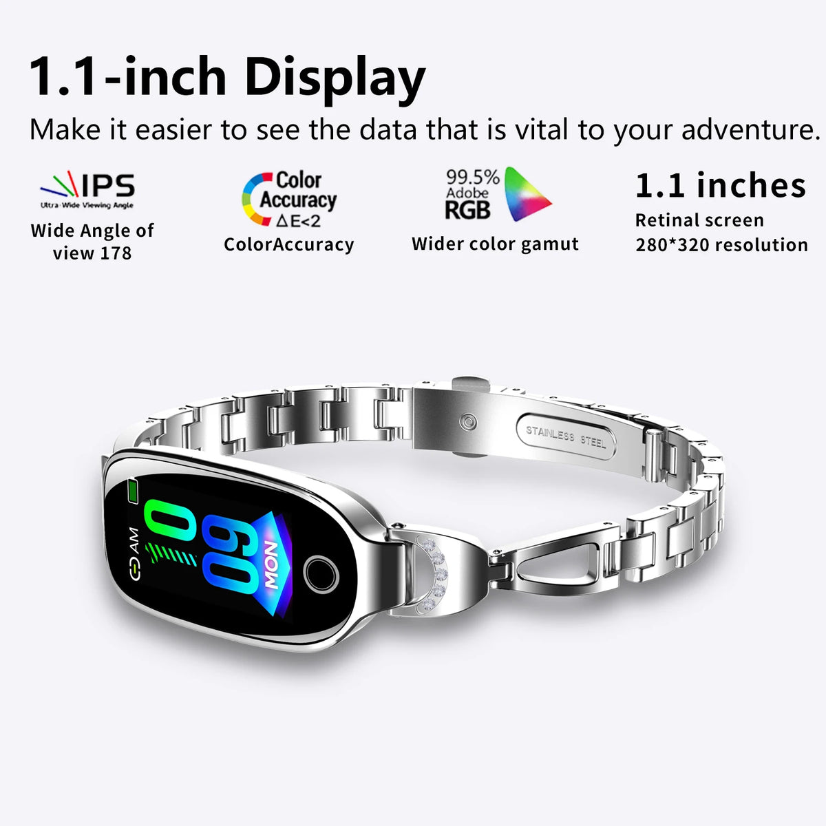 Smartwatch with 1.1-inch display on a white background