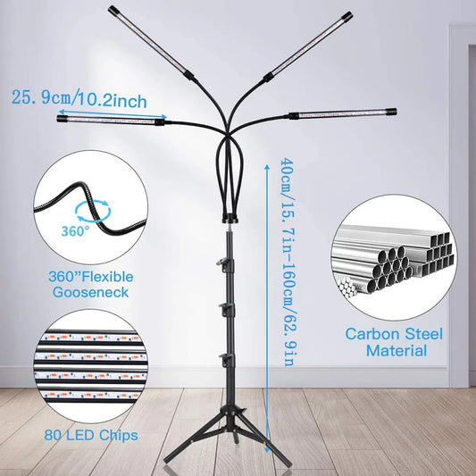 Light stand with flexible gooseneck and carbon steel material, featuring measurements and LED chip details.