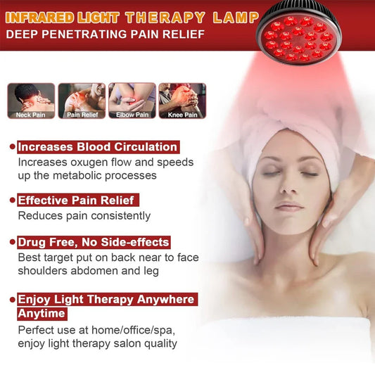 Infrared light therapy lamp with a woman receiving treatment, featuring text about pain relief and benefits.