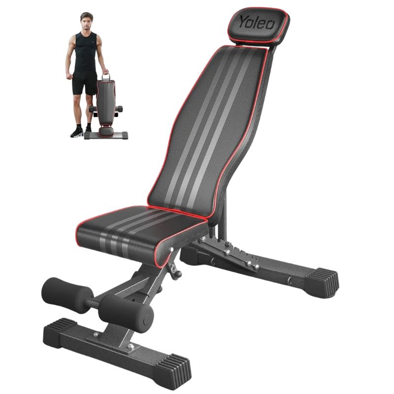 An adjustable weight bench with a striped pattern, featuring a foldable design and leg support. The bench is shown in a decline position with a man in the background carrying weights.