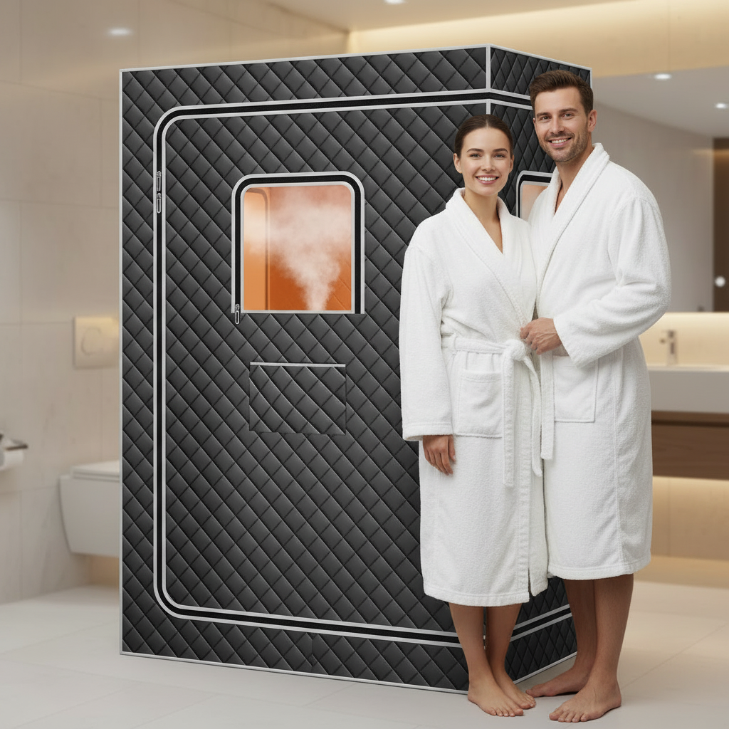 Couple in white bathrobes standing beside the grey portable 2-person steam sauna box