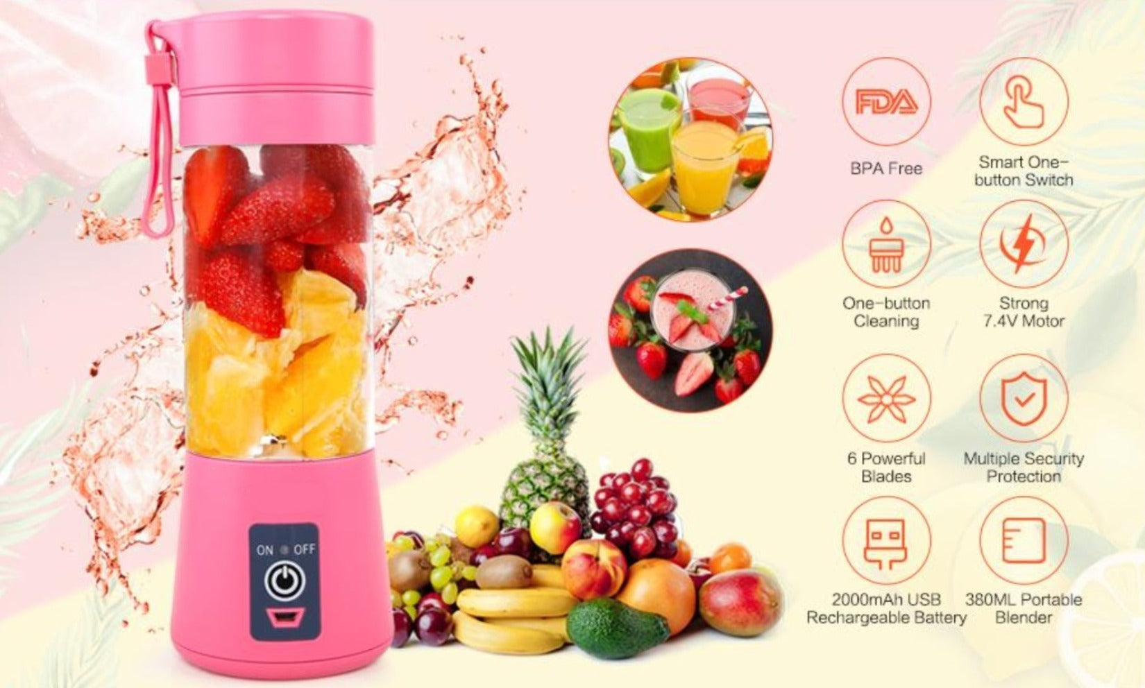 Portable Blender Cordless 6 Blade Powerful Blender 220V / 20000 RPM USB Rechargeable Great For Healthy Smoothies-Blenders & Kitchen Accessories-Fit Sports