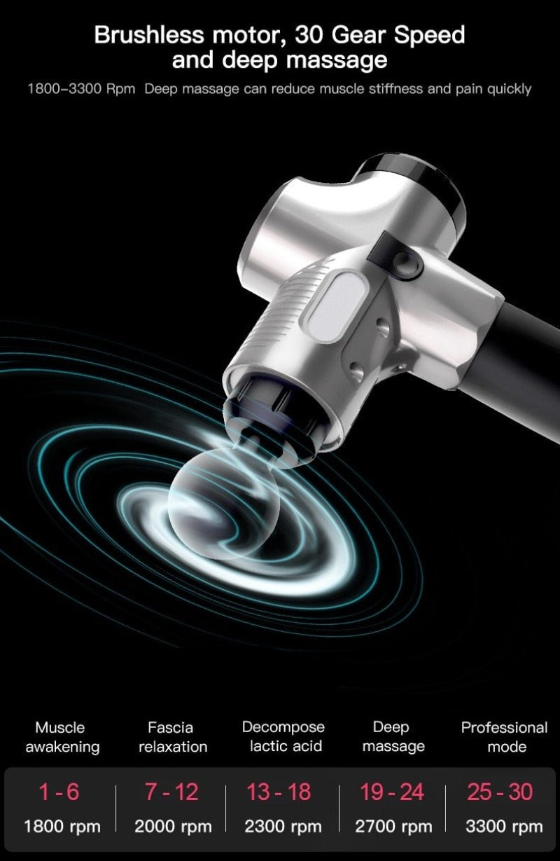 Massage Gun 30 Speeds 6 Heads Super Quiet Brushless Motor Cordless Deep Tissue Percussion Gun Portable Massager-Massage Equipment-Fit Sports