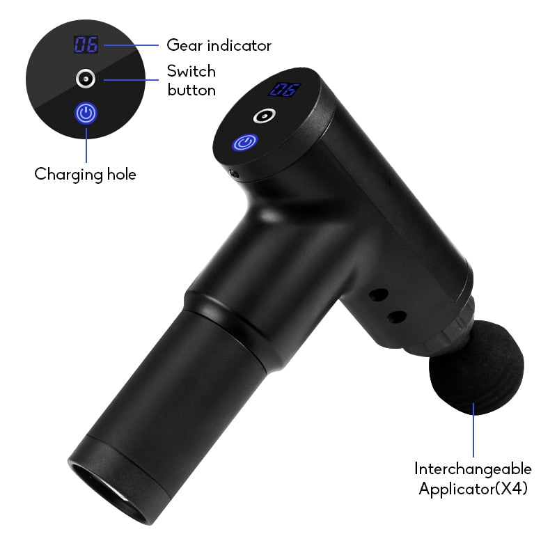 Massage Gun 3800 Rev Per Minute 6 Hrs Usage Quiet Percussion Gun 6 Speeds Cordless Handheld Massager for Deep Muscle Relaxation With Carry Bag-Massage Equipment-Fit Sports