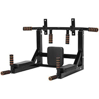 Wall-mounted multifunctional dip station and pull-up bar with black and white color scheme, featuring anti-slip handles and a back cushion.