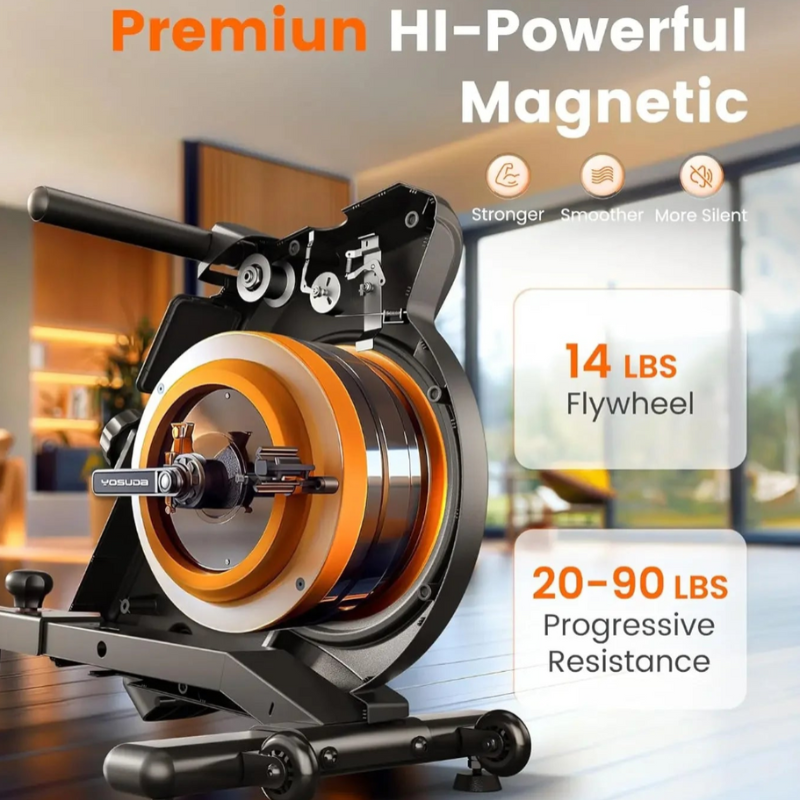 Rower with a 14 lbs flywheel and progressive resistance features, set against a blurred indoor background.