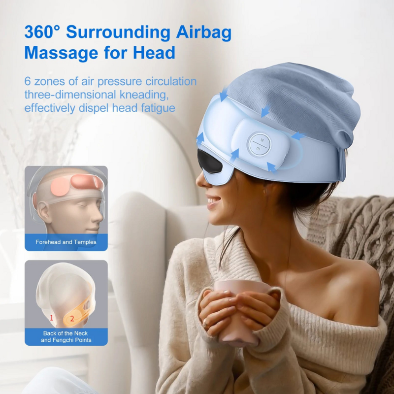 Head Massager with Heat & Eye Mask for Fatigue Relief, 4 Modes, 2 Heat Settings, Bluetooth, Rechargeable