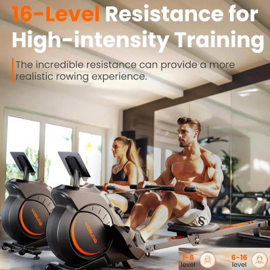 Two people using rowing machines with text about resistance levels and high-intensity training.