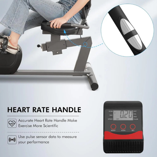 Exercise bike with heart rate handle and digital display on a light gray background