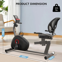 Home exercise bike with dimensions and weight capacity displayed