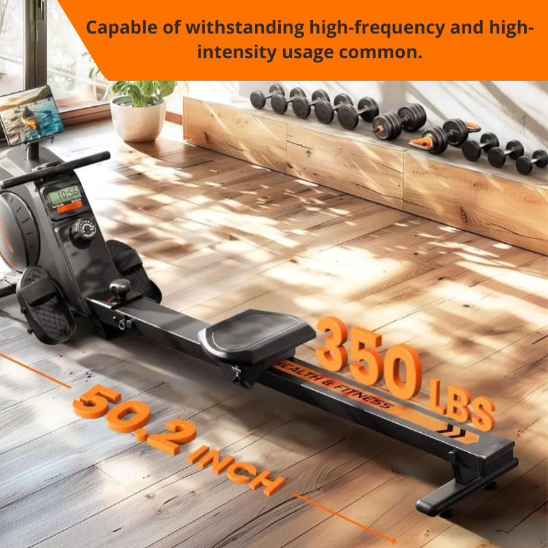 Rowing machine with specifications on a wooden floor in a home gym setting