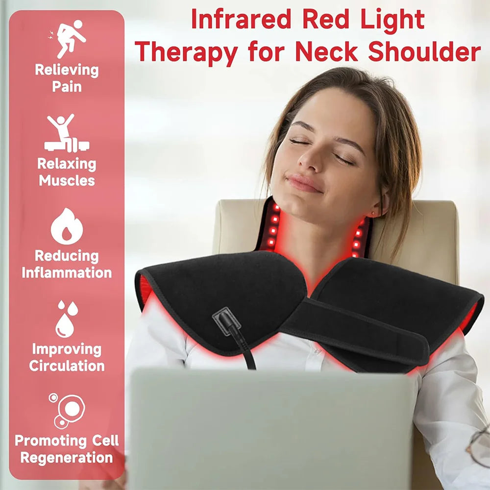 Woman using an infrared red light therapy device for neck and shoulder pain relief.