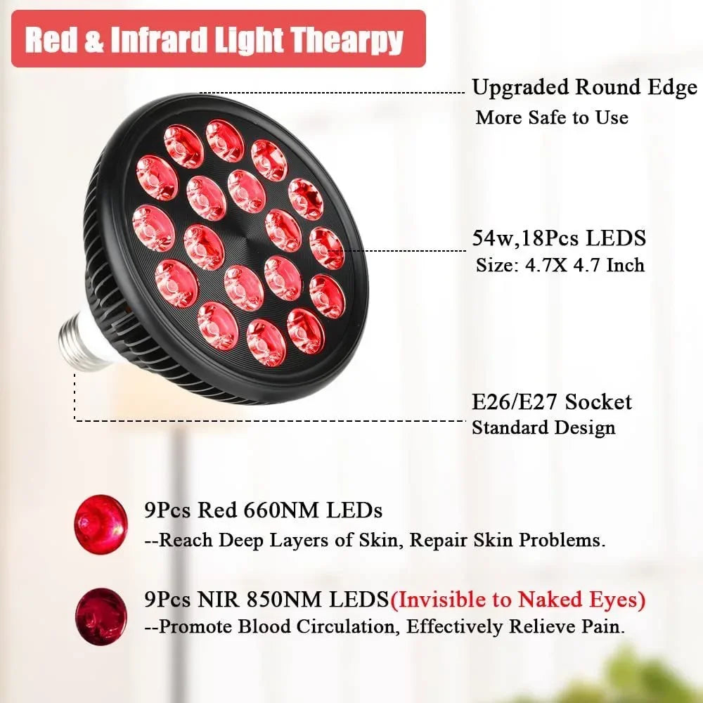54W LED Red Light Therapy Lamp 660nm & 850nm | 18-Chip Dual Wavelength with Floor Stand