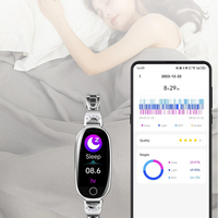 Smartwatch with sleep monitoring app on smartphone displaying sleep data, worn by a person lying in bed.