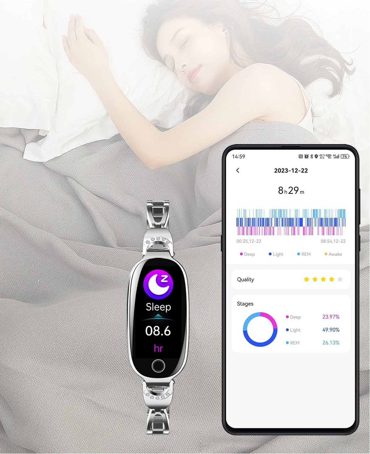 Smartwatch with sleep monitoring app on smartphone displaying sleep data, worn by a person lying in bed.