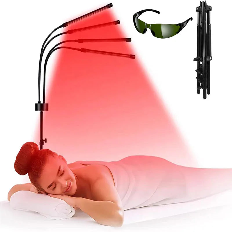 Person receiving red light therapy with a lamp, goggles, and stand on a white background