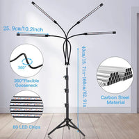 Light stand with flexible gooseneck and carbon steel material, featuring measurements and LED chip details.