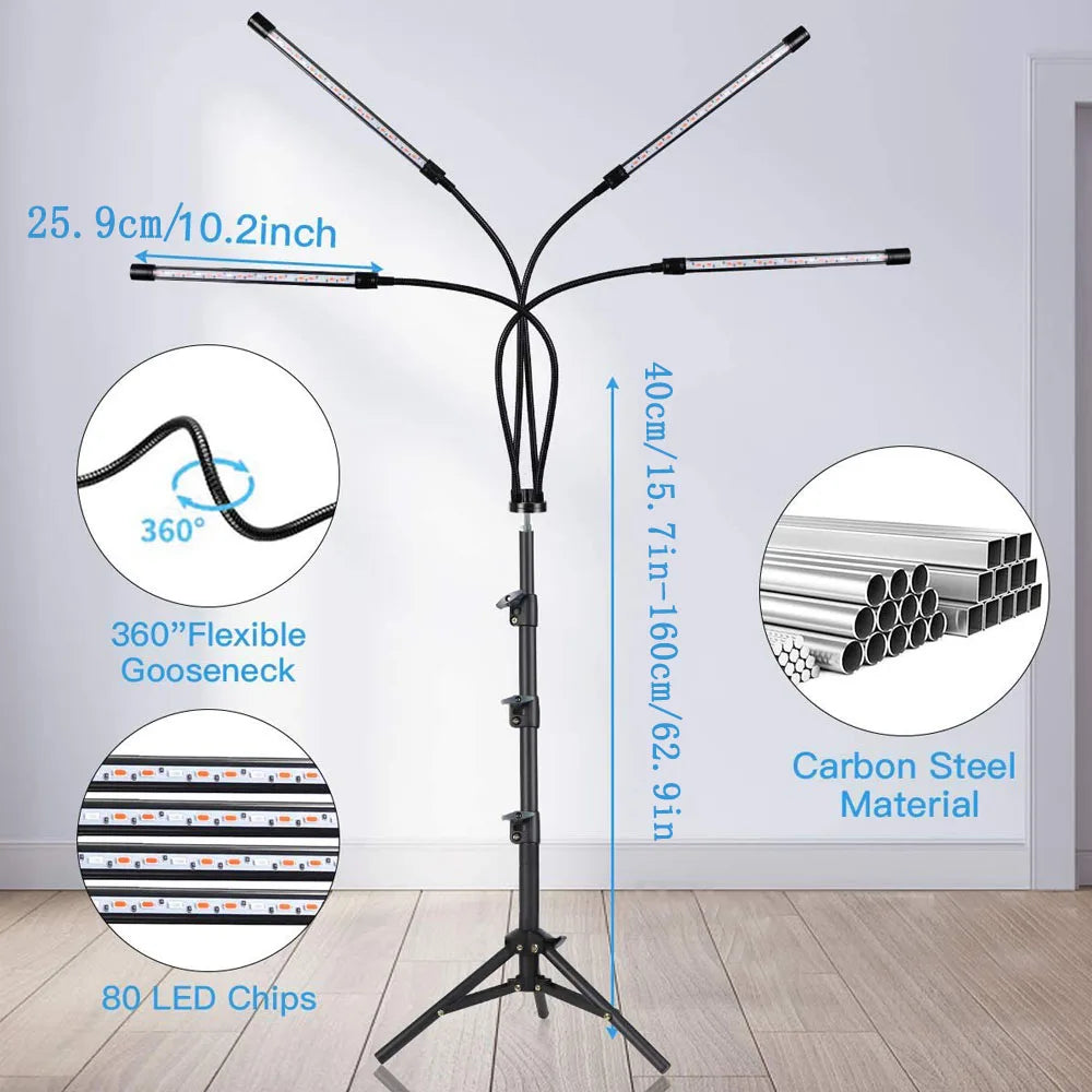 Light stand with flexible gooseneck and carbon steel material, featuring measurements and LED chip details.