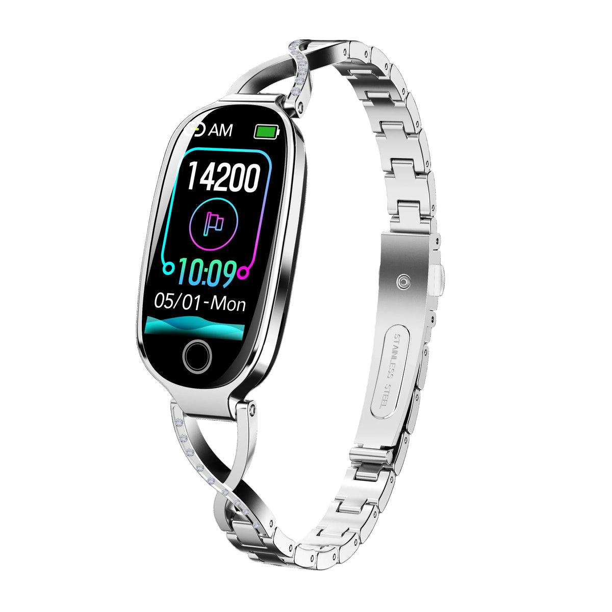 A silver stainless steel smartwatch with an integrated link bracelet, shown at an angle on a solid white background. The watch face displays a colorful fitness interface.