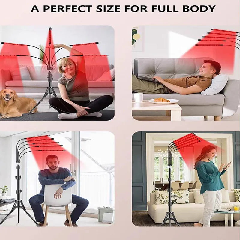 Person using a red light therapy device in various settings with text 'A PERFECT SIZE FOR FULL BODY'.