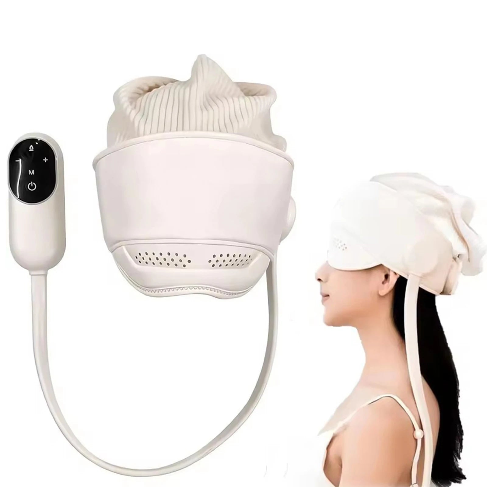 Head and eye relax massager with a control device and a person wearing it.