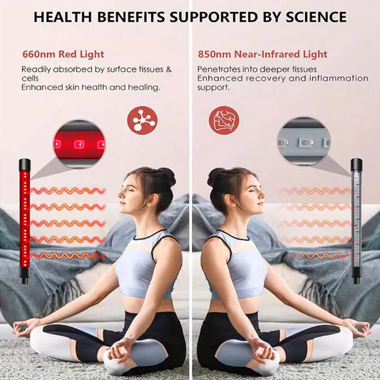 Two images showing a person using a red light and near-infrared light device with text explaining health benefits.