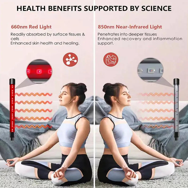 Two images showing a person using a red light and near-infrared light device with text explaining health benefits.