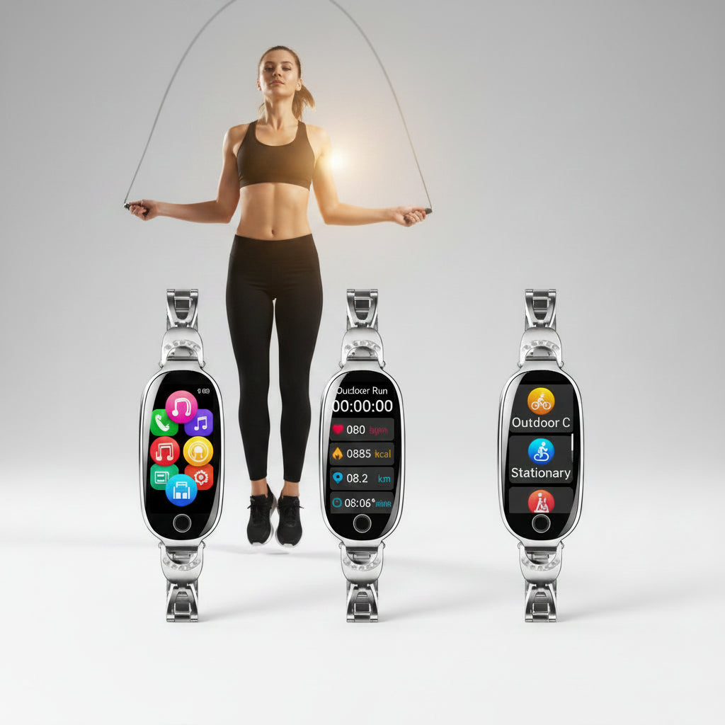 Woman exercising with a skipping rope, surrounded by smartwatch displays on a pink background