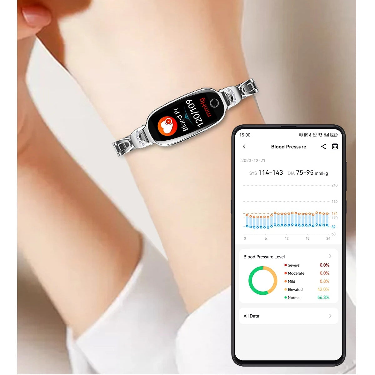 Smartwatch on wrist with smartphone displaying blood pressure data