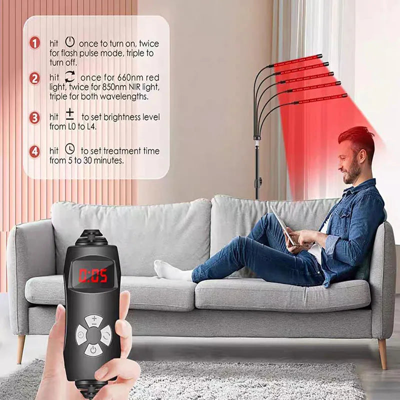 Person using a remote control device on a couch with text instructions displayed.