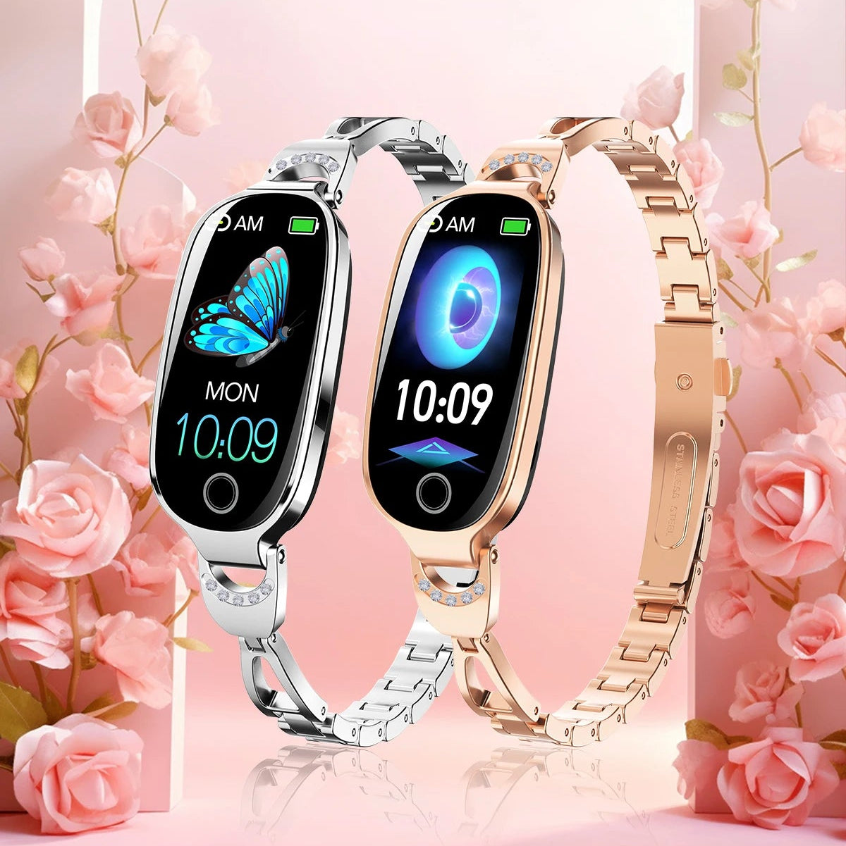 Two smartwatches on a pink floral background with text about features.