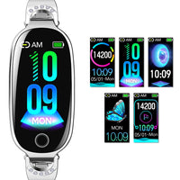 Smartwatch with colorful display and inset images of different screen views on a white background