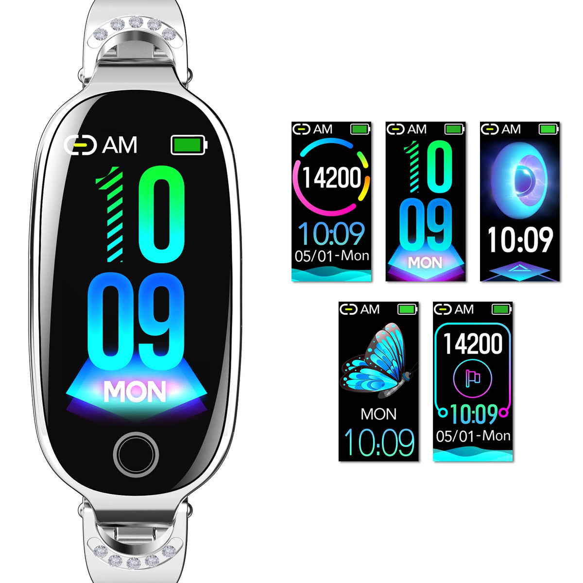 Smartwatch with colorful display and inset images of different screen views on a white background