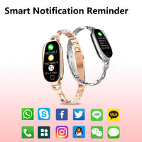 Smart watch with rose gold band and silver band on a pink background, featuring app icons at the bottom.