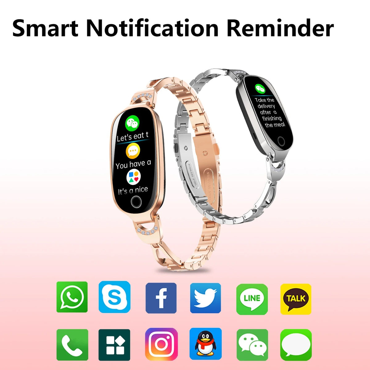 Smart watch with rose gold band and silver band on a pink background, featuring app icons at the bottom.