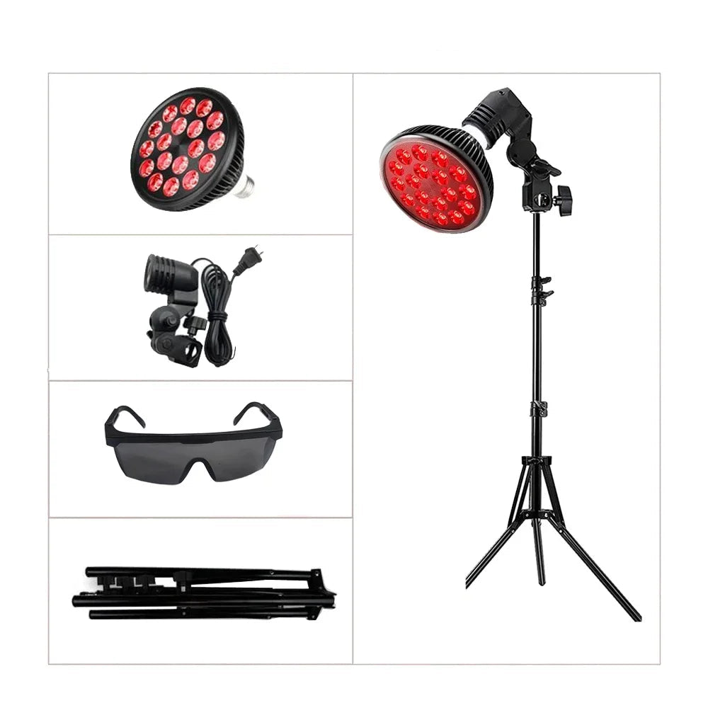 Red light therapy package with two red light devices, a stand, sunglasses, and cables on a white background.