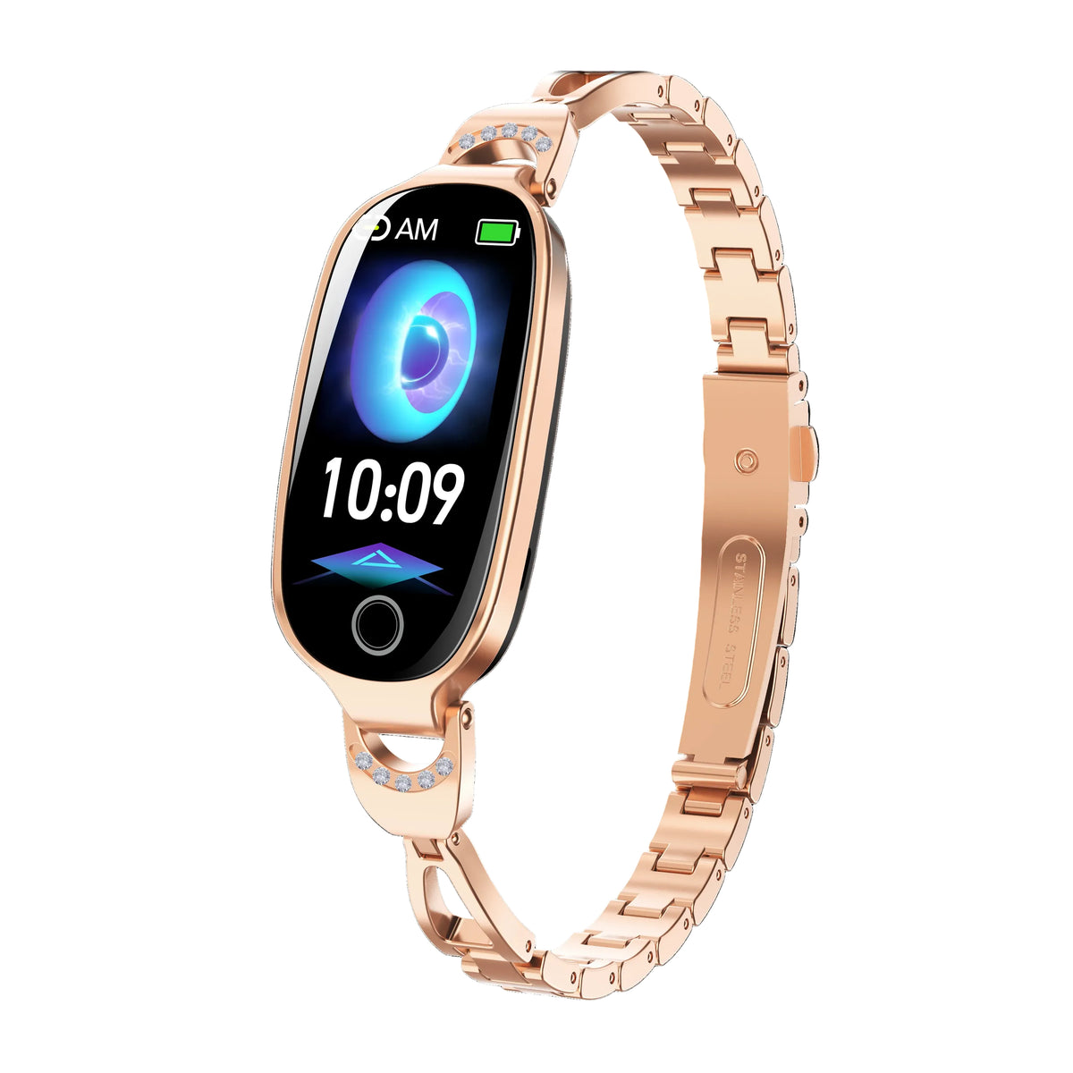 A rose gold smartwatch with an integrated link bracelet, shown on a solid white background. The watch face is black with a blue and white digital display.