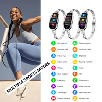 Woman exercising outdoors with a fitness tracker displaying various sports modes on a white background.