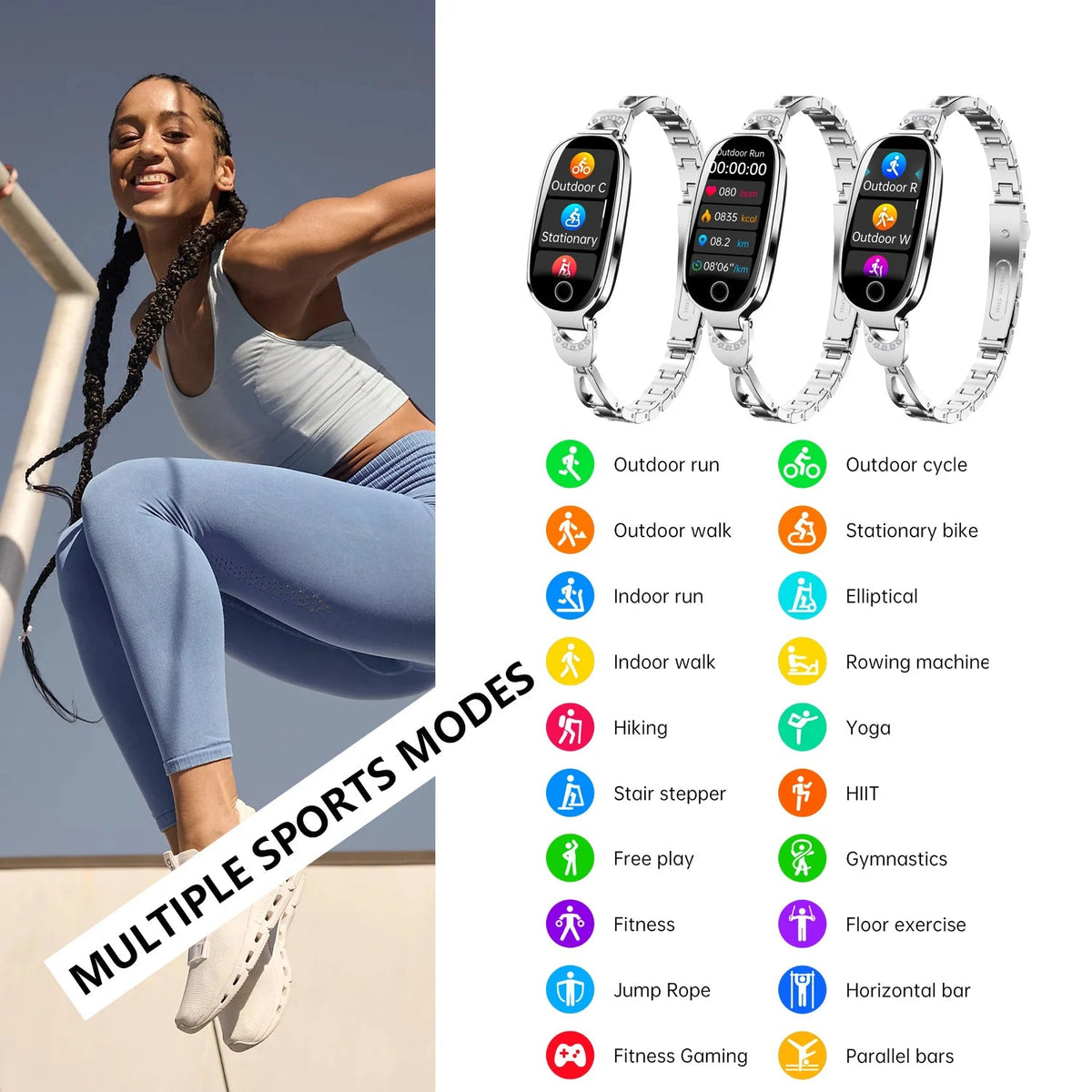 Woman exercising outdoors with a fitness tracker displaying various sports modes on a white background.