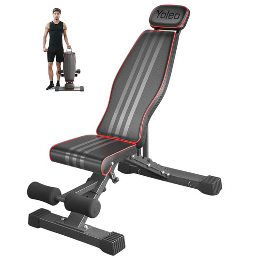 An adjustable weight bench with a striped pattern, featuring a foldable design and leg support. The bench is shown in a decline position with a man in the background carrying weights.